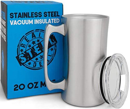 Stainless Steel Insulated Beer Mug: Real Deal Steel 20 Oz Beer Stein with Welded Handle and Clear Plastic Lid - Large Metal Tankard for IPA, Coffee, Tea - Double Walled Mugs for Hot or Cold Drinks (1)