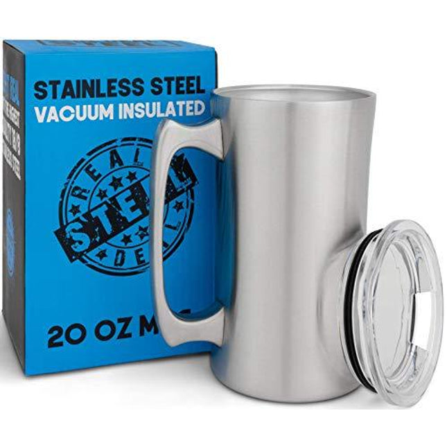 Stainless Steel Insulated Beer Mug: Real Deal Steel 20 Oz Beer Stein with Welded Handle and Clear Plastic Lid - Large Metal Tankard for IPA, Coffee, Tea - Double Walled Mugs for Hot or Cold Drinks (1)
