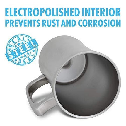 Stainless Steel Insulated Beer Mug: Real Deal Steel 20 Oz Beer Stein with Welded Handle and Clear Plastic Lid - Large Metal Tankard for IPA, Coffee, Tea - Double Walled Mugs for Hot or Cold Drinks (1)