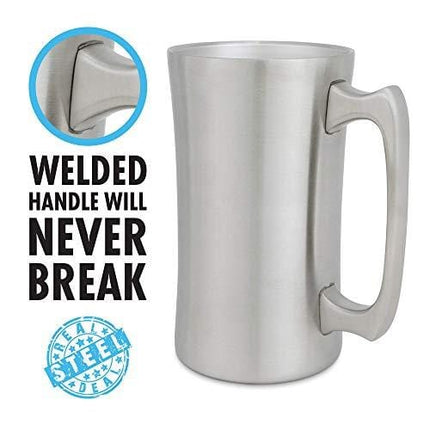 Stainless Steel Insulated Beer Mug: Real Deal Steel 20 Oz Beer Stein with Welded Handle and Clear Plastic Lid - Large Metal Tankard for IPA, Coffee, Tea - Double Walled Mugs for Hot or Cold Drinks (1)