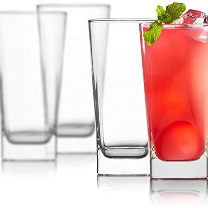 Highball Glasses [Set of 4] + 4 Stainless Steel Straws, 16 oz Lead-Free Crystal Clear Glass, Elegant Drinking Cups for Water, Wine, Beer, Cocktails and Mixed Drinks - Round Top, Square Bottom