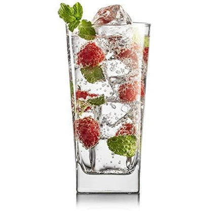 Highball Glasses [Set of 4] + 4 Stainless Steel Straws, 16 oz Lead-Free Crystal Clear Glass, Elegant Drinking Cups for Water, Wine, Beer, Cocktails and Mixed Drinks - Round Top, Square Bottom