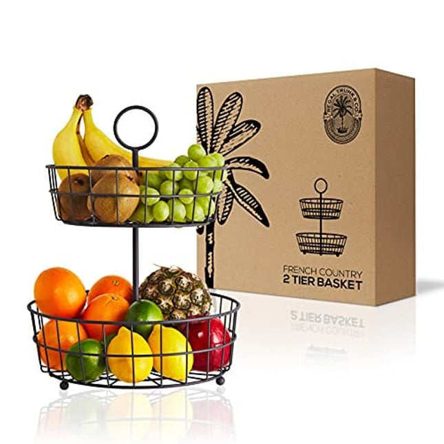 2 Tier Fruit Basket - French Country Wire Baskets by REGAL TRUNK & CO. | Two Tier Wire Basket Stand for Storing Veggies, Bread & More | Tiered Fruit Basket for Countertop or Hanging | Metallic Frame