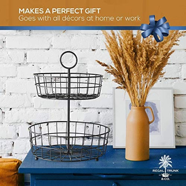 2 Tier Fruit Basket - French Country Wire Baskets by REGAL TRUNK & CO. | Two Tier Wire Basket Stand for Storing Veggies, Bread & More | Tiered Fruit Basket for Countertop or Hanging | Metallic Frame