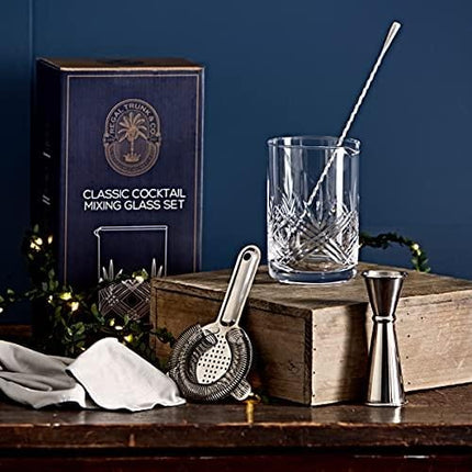 Classic Cocktail Mixing Glass Set – Seamless Weighted Lead-Free Handcrafted Crystal Mixing Glass Yarai Style | Stainless Steel Bar Spoon, Hawthorne Strainer, Japanese Jigger and Glass Polishing Cloth