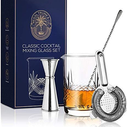 Classic Cocktail Mixing Glass Set – Seamless Weighted Lead-Free Handcrafted Crystal Mixing Glass Yarai Style | Stainless Steel Bar Spoon, Hawthorne Strainer, Japanese Jigger and Glass Polishing Cloth
