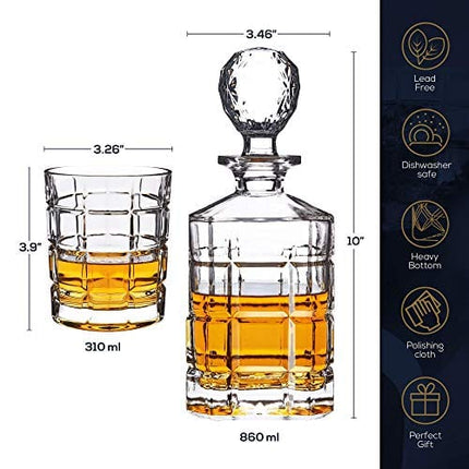 Regal Trunk & Co. Whiskey Decanter Sets | 4 Square Engraved Tumblers Whisky Decanter & Glass Set | Crystal Decanter Set Bourbon and Scotch | Comes In Gift Box and with Glass Polishing Cloth