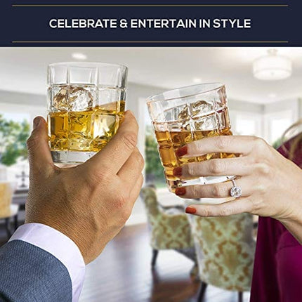 Regal Trunk & Co. Whiskey Decanter Sets | 4 Square Engraved Tumblers Whisky Decanter & Glass Set | Crystal Decanter Set Bourbon and Scotch | Comes In Gift Box and with Glass Polishing Cloth