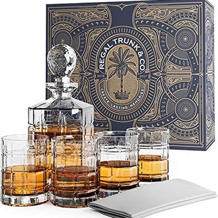 Regal Trunk & Co. Whiskey Decanter Sets | 4 Square Engraved Tumblers Whisky Decanter & Glass Set | Crystal Decanter Set Bourbon and Scotch | Comes In Gift Box and with Glass Polishing Cloth