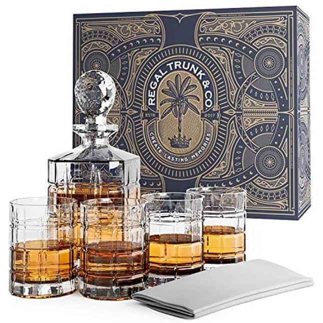 Regal Trunk & Co. Whiskey Decanter Sets | 4 Square Engraved Tumblers Whisky Decanter & Glass Set | Crystal Decanter Set Bourbon and Scotch | Comes In Gift Box and with Glass Polishing Cloth
