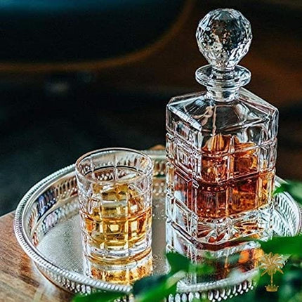 Regal Trunk & Co. Whiskey Decanter Sets | 4 Square Engraved Tumblers Whisky Decanter & Glass Set | Crystal Decanter Set Bourbon and Scotch | Comes In Gift Box and with Glass Polishing Cloth