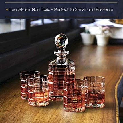 Regal Trunk & Co. Whiskey Decanter Sets | 4 Square Engraved Tumblers Whisky Decanter & Glass Set | Crystal Decanter Set Bourbon and Scotch | Comes In Gift Box and with Glass Polishing Cloth