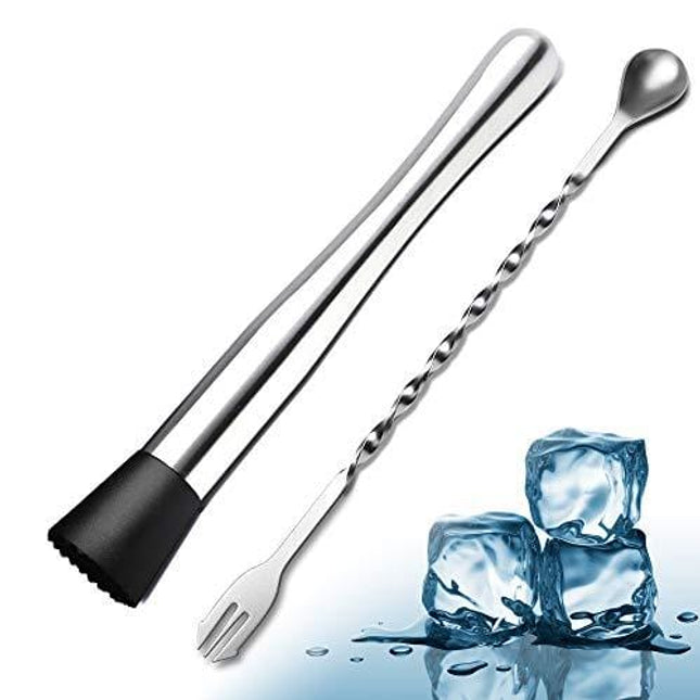 10 Inch Stainless Steel Cocktail Muddler and Mixing Spoon, 2 Pieces Home Bar Tool Bartender Set for Cocktails Mojitos Ice Fruit Drinks