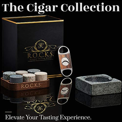 Whiskey Stones Gift Set with Cigar Cutter & Cigar Ashtray - 6 Handcrafted Round Stones, Presentation & Storage Tray - Luxurious Whiskey & Cigar Accessories Gold Foil Gift Box by R.O.C.K.S.