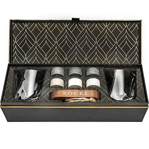 Whiskey Chilling Stones Gift Set - 6 Handcrafted Premium Granite Round Sipping Rocks - 2 Crystal Superior Glasses - Hardwood Presentation & Storage Tray - Elegant Gold Foil Gift Box by R.O.C.K.S.