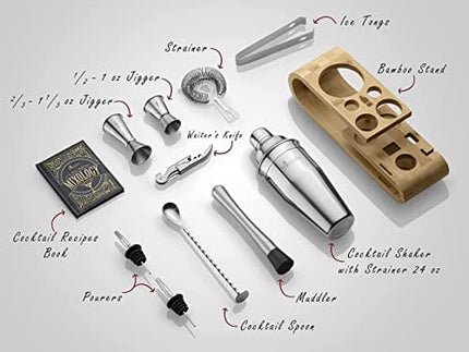 Mixology Bartender Kit and Cocktail Shaker Set for Drink Mixing | Mixology Set with 10 Bar Set Tools and Bamboo Stand Makes It the Perfect Home Cocktail Kit | Complete Bartender Tool Kit (Silver)