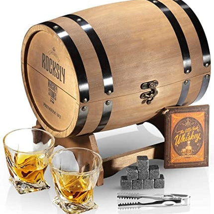 ROCKSLY Whiskey Stones Gift Set for Men in Whiskey Barrel Gift Box | 8 Whiskey Rocks, 2 Whiskey Glasses in a Whiskey Box Gift Set | Granite Bourbon Stones | Whiskey Kit for Men: Dad, Boyfriend