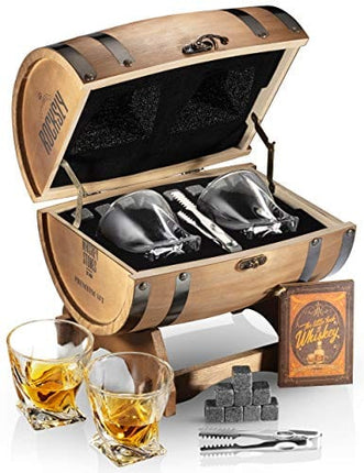 ROCKSLY Whiskey Stones Gift Set for Men in Whiskey Barrel Gift Box | 8 Whiskey Rocks, 2 Whiskey Glasses in a Whiskey Box Gift Set | Granite Bourbon Stones | Whiskey Kit for Men: Dad, Boyfriend