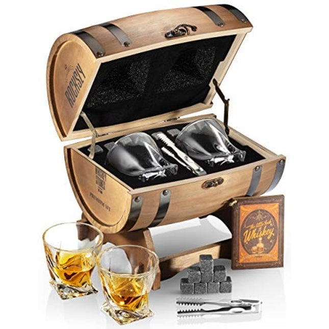ROCKSLY Whiskey Stones Gift Set for Men in Whiskey Barrel Gift Box | 8 Whiskey Rocks, 2 Whiskey Glasses in a Whiskey Box Gift Set | Granite Bourbon Stones | Whiskey Kit for Men: Dad, Boyfriend