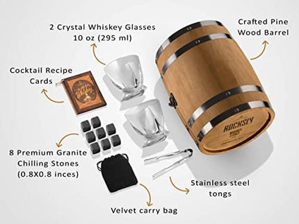 ROCKSLY Whiskey Stones Gift Set for Men in Whiskey Barrel Gift Box | 8 Whiskey Rocks, 2 Whiskey Glasses in a Whiskey Box Gift Set | Granite Bourbon Stones | Whiskey Kit for Men: Dad, Boyfriend