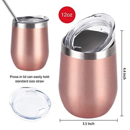 6 Pack 12Oz Stainless Steel Stemless Wine Glasses, Set of 6 Insulated Wine Tumblers with Lids and Straws, Stainless Steel Cups for Wine, Champaign, Cocktail, Coffee, Ice Cream (Rose Gold Aqua Blue)