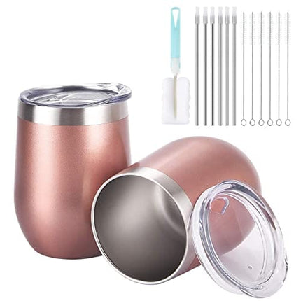 6 Pack 12Oz Stainless Steel Stemless Wine Glasses, Set of 6 Insulated Wine Tumblers with Lids and Straws, Stainless Steel Cups for Wine, Champaign, Cocktail, Coffee, Ice Cream (Rose Gold Aqua Blue)