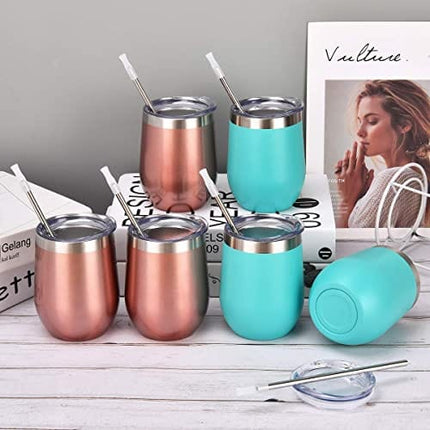 6 Pack 12Oz Stainless Steel Stemless Wine Glasses, Set of 6 Insulated Wine Tumblers with Lids and Straws, Stainless Steel Cups for Wine, Champaign, Cocktail, Coffee, Ice Cream (Rose Gold Aqua Blue)