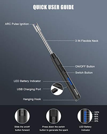 RONXS Candle Lighter - Electric Lighter USB Rechargeable with Battery Indicator, Long Flexible Neck and Hanging Hook Plasma Arc Lighter for Grill BBQ Home Outdoor(Multi-Protect Safety System)