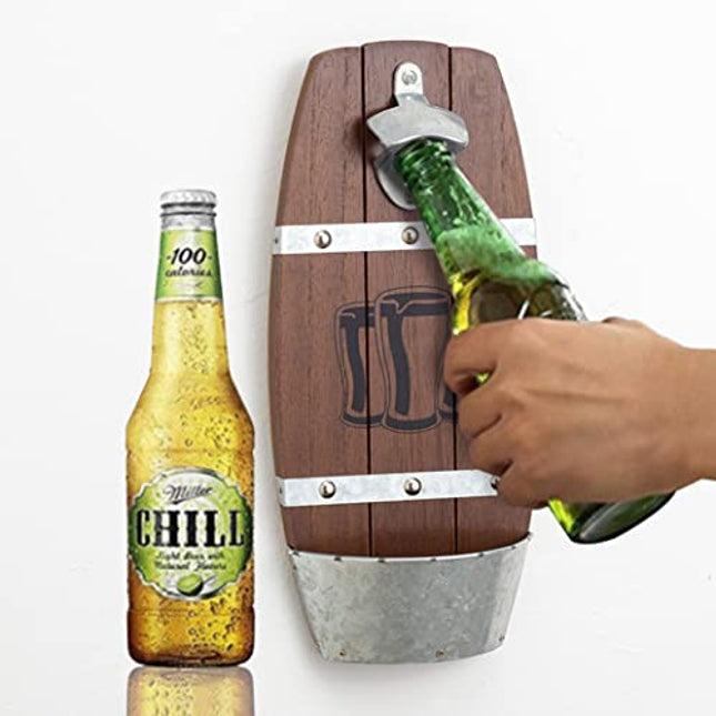 ROSE BLOOM Wooden Wall Mounted Bottle Opener, Beer Barrel Shaped Bottle Opener with Cap Catcher Home Bar Accessory