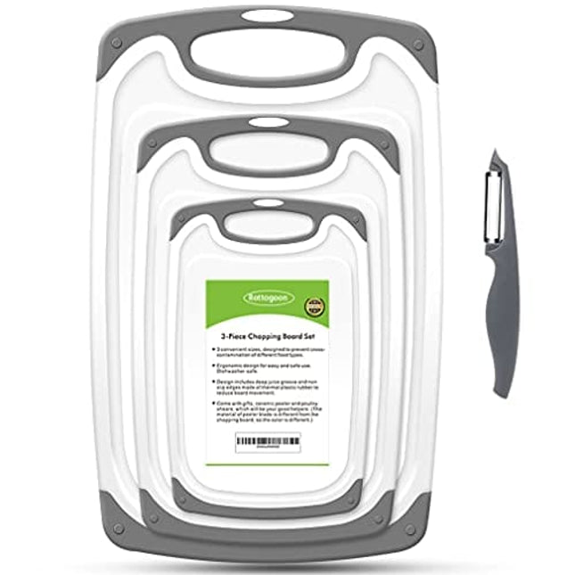 Cutting Boards for Kitchen, Plastic Chopping Board Set of 4 with Non-Slip Feet and Deep Drip Juice Groove, Easy Grip Handle, BPA Free, Non-porous, Dishwasher Safe