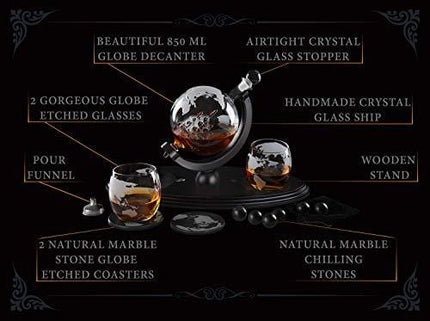 Globe Whiskey Decanter Gift Set by Royal Reserve | Home Bar Decor Liquor Dispenser with Scotch Glasses Coaster and Whiskey Stones – Gift for Men Dad Boyfriend Husband Anniversary or Retirement 850 ML