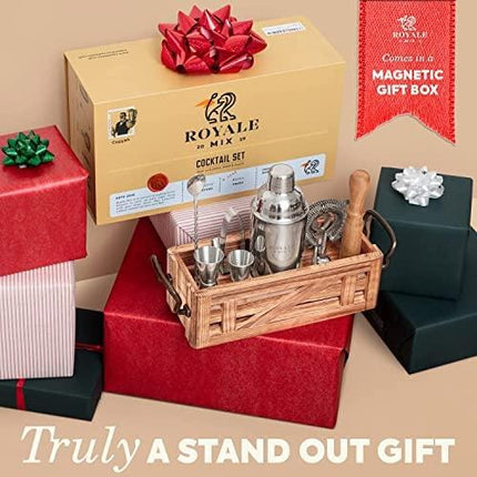 Mixology Bartender Kit with Wooden Stand - Great Housewarming Gift - 12 Piece Bar Tools Set with Cocktail Kit Cards - Premium Bartending Kit for a Fun Bar Set - Stainless Steel Cocktail Shaker Set.