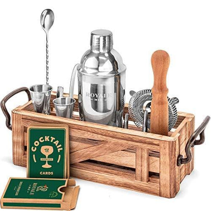 Mixology Bartender Kit with Wooden Stand - Great Housewarming Gift - 12 Piece Bar Tools Set with Cocktail Kit Cards - Premium Bartending Kit for a Fun Bar Set - Stainless Steel Cocktail Shaker Set.