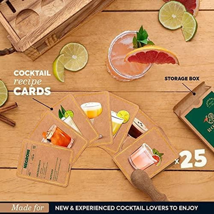 Mixology Bartender Kit with Wooden Stand - Great Housewarming Gift - 12 Piece Bar Tools Set with Cocktail Kit Cards - Premium Bartending Kit for a Fun Bar Set - Stainless Steel Cocktail Shaker Set.