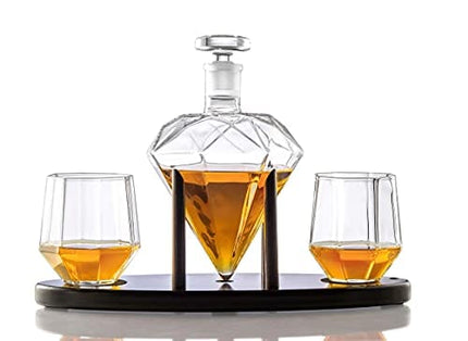 Whiskey Decanter Diamond shaped With 2 Diamond Glasses & Mahogany Wooden Holder – Elegant Handcrafted Crafted Glass Decanter For Liquor, Scotch, Rum, Bourbon, Vodka, Tequila – Great Gift Idea – 750ml