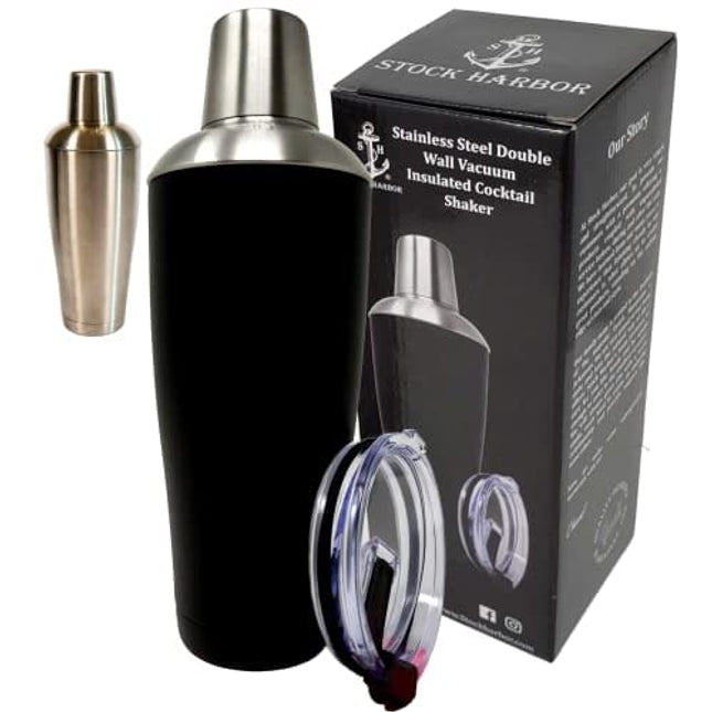 Stock Harbor Stainless Steel 30 Ounce (887 Milliliter) Double Wall Cocktail Shaker Vacuum Insulated Tumbler and Shaker Top; Powder Coated Black