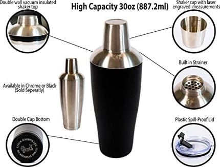 Stock Harbor Stainless Steel 30 Ounce (887 Milliliter) Double Wall Cocktail Shaker Vacuum Insulated Tumbler and Shaker Top; Powder Coated Black