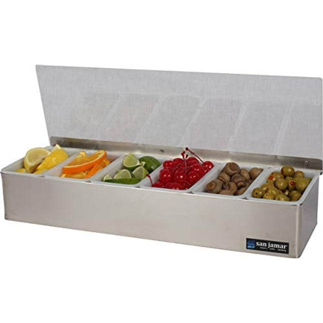 San Jamar B4186L Stainless Steel Non-Chilled Garnish Tray with Plex Lid, 18" Width x 3-1/2" Height x 5-3/4" Depth