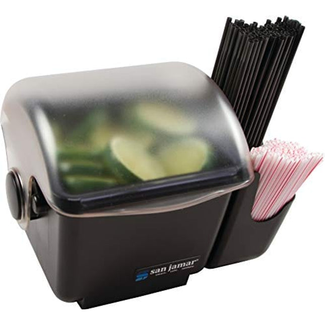 san jamar BD2002CAR Mini Dome Garnish Center with Chillable Tray and Right Hand Caddy (1-Quart, Black, NSF)