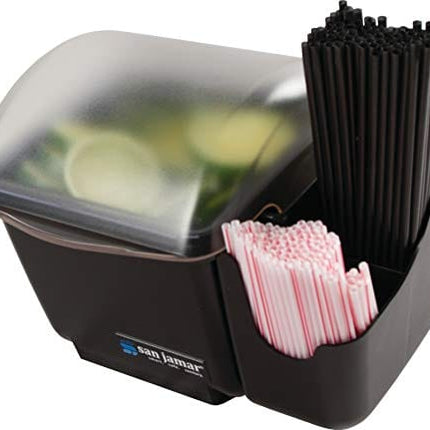 san jamar BD2002CAR Mini Dome Garnish Center with Chillable Tray and Right Hand Caddy (1-Quart, Black, NSF)