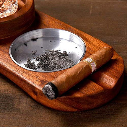 Cigar Ashtray Coaster/Whiskey Glass Tray and Cigar Holder, Wooden Cigar Ashtray, Slot to Hold Cigar, Cigar Rest, Cigar Accessory Set Gift for Men/ Round