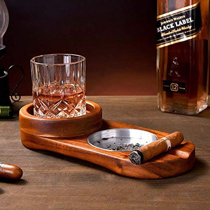 Cigar Ashtray Coaster/Whiskey Glass Tray and Cigar Holder, Wooden Cigar Ashtray, Slot to Hold Cigar, Cigar Rest, Cigar Accessory Set Gift for Men/ Round
