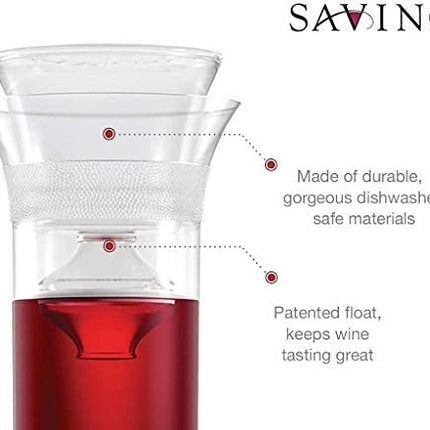Savino Connoisseur | Glass Wine Saving Carafe | Clear | 750ml | Keep Non-Sparkling Wines Fresh Up to 7 Days | Luxury Glass Wine Preserver | Dishwasher Safe | Unique Gift | Red & White Wines
