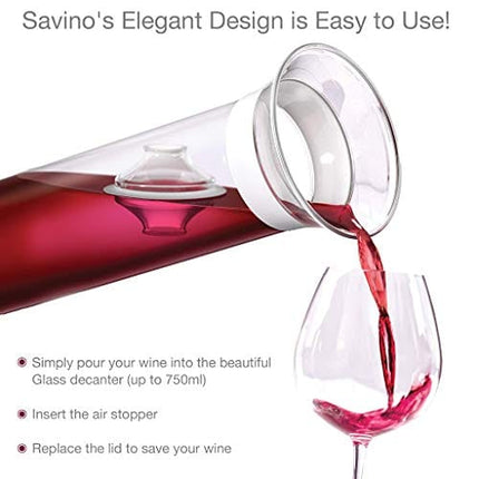 Savino Connoisseur | Glass Wine Saving Carafe | Clear | 750ml | Keep Non-Sparkling Wines Fresh Up to 7 Days | Luxury Glass Wine Preserver | Dishwasher Safe | Unique Gift | Red & White Wines