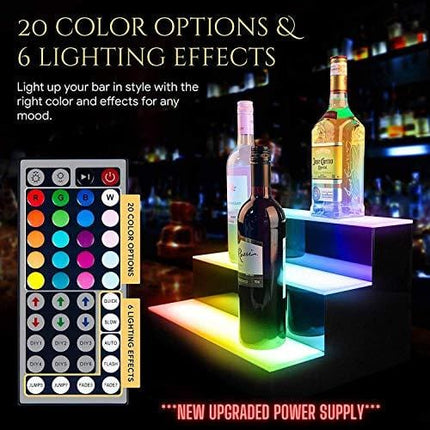 Savvy Life Selects LED Liquor Shelf – 3 Tier Bar Bottle Display – Colorful Light Bar Shelf – LED Colors and Light Effects – Lighted Liquor Shelves with Plug – Remote Control and Spouts Included