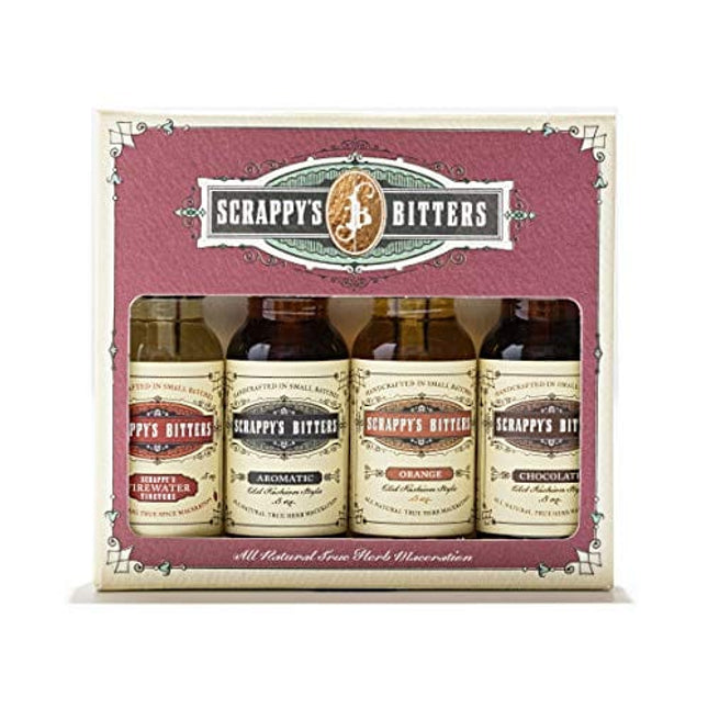 Scrappy's Bitters The Essentials Gift Set, 4 ct, 0.5 oz (Orange, Aromatic, Chocolate, and Firewater) - Organic Ingredients, Finest Herbs & Zests, No Extracts, Artificial Flavors, Chemicals or Dyes
