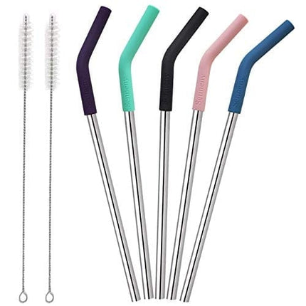 Senneny Set of 5 Stainless Steel Straws with Silicone Flex Tips Elbows Cover, 2 Cleaning Brushes and 1 Portable Bag Included (8mm diameter, Silver)