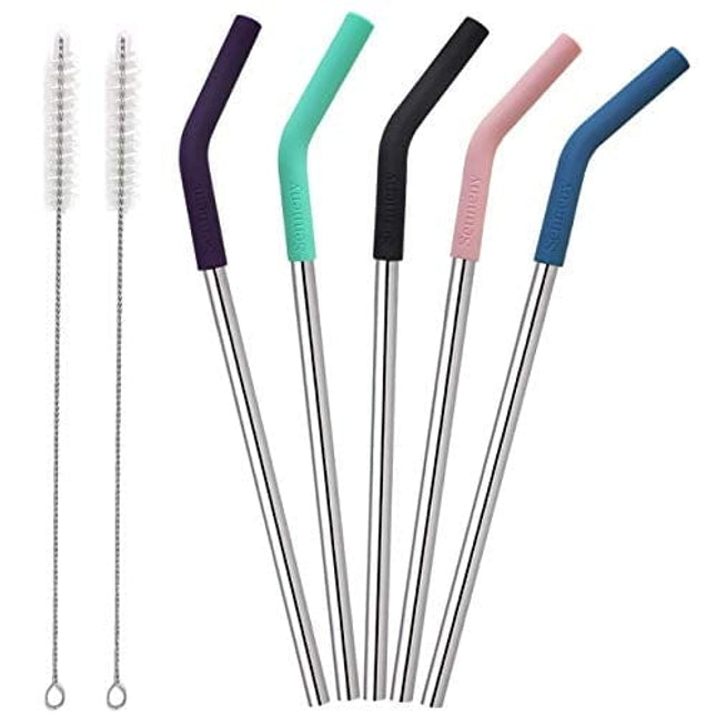 Senneny Set of 5 Stainless Steel Straws with Silicone Flex Tips Elbows Cover, 2 Cleaning Brushes and 1 Portable Bag Included (8mm diameter, Silver)