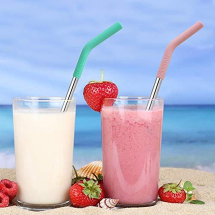 Senneny Set of 5 Stainless Steel Straws with Silicone Flex Tips Elbows Cover, 2 Cleaning Brushes and 1 Portable Bag Included (8mm diameter, Silver)