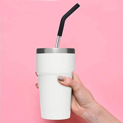 Senneny Set of 5 Stainless Steel Straws with Silicone Flex Tips Elbows Cover, 2 Cleaning Brushes and 1 Portable Bag Included (8mm diameter, Silver)